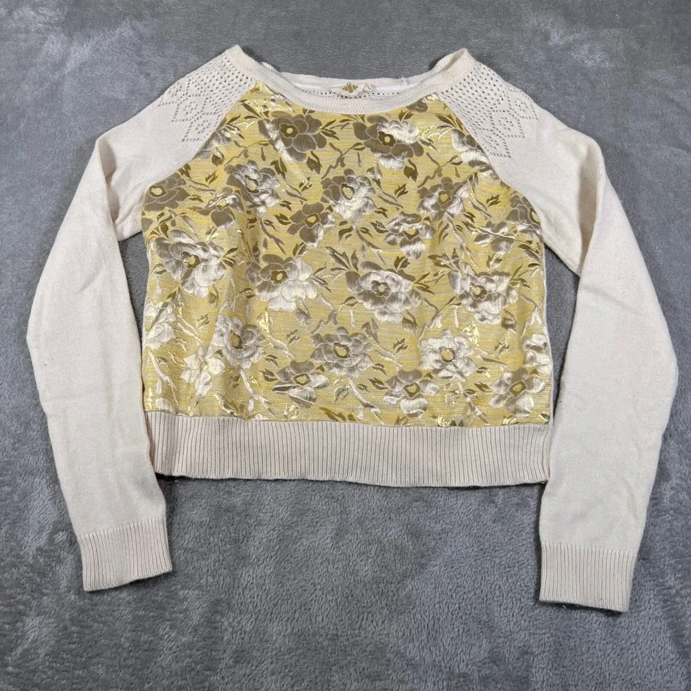 Anthropologie Pullover Womens Small Ivory Gold Leaf Brocade Front Glitter Floral